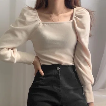  2023 Marškiniai moterims Slim Square Collar Crop Top Fleece Puff Sleeve Moteriški marškinėliai Korėjietiško stiliaus moteriški drabužiai Casual Pullover