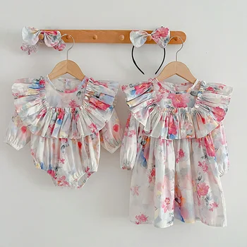 2024 Nauja pavasario mergaičių princesės suknelė Vaikų vakarėlio suknelė ilgomis rankovėmis medvilnė Gėlių spausdinimas Mažylis Kūdikių smėlinukai Seserų drabužiai