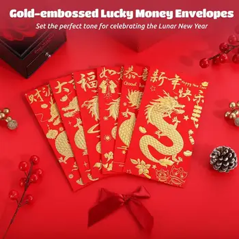  36PCS Kinijos raudoni vokai 2024 Mėnulio Naujųjų metų raudoni vokai Paketų vokai su auksu įspaustais pavasario festivalio vokais