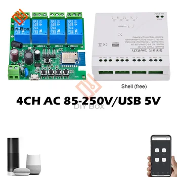  4 kanalai Dirbkite su Tuya Smart Wifi variklio jungiklio moduliu USB 5V AC85V-250V RF433 radijo nuotolinio valdymo pulto colių relė