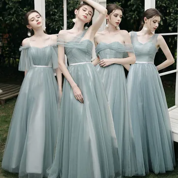  4 Stiliai nuo pečių Pamergės suknelė Slim Fit Nėriniai Paprastos ilgos banketinės suknelės A-Line Tiulis Vestuvinė moteriška svečių suknelė