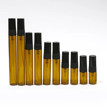  50pcs/Lot 2ml 3ml 5ml 10ml Empty Completeable Amber Glass Mist purškiamas kvepalų buteliukas su pompos purkštuvu mini buteliukų dėklas