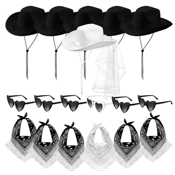  6set/pack Glitter Cowboy Hat+Heart Glasses+Kerchief Wedding Sunproof Hat