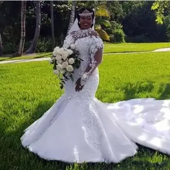  Afrikietiškos plius dydžio vestuvinės suknelės Aukšta iškirptė Iliuzija ilgomis rankovėmis Aplikacijos Karoliukai Undinėlė Nuotakos chalatai Teismo traukinys