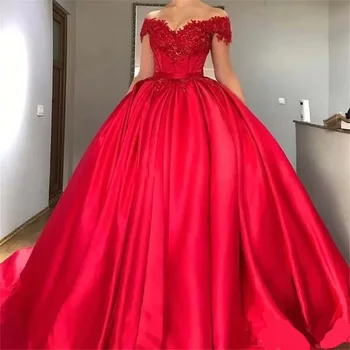  Angelsbridep Red Satin V-Neck Gimtadienio vakarėlio suknelė Ball Gown 15 metų mergaitės Quinceanera suknelės Aplikacijos be nugaros