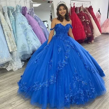  ANGELSBRIDEP Royal Blue Off-Shulder Ball Gown Quinceanera Suknelė Vestidos De 15 Anos Fashion 3D Flower Tulle Princess Party Gown