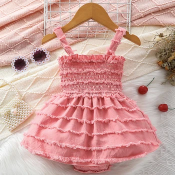 Baby Girl Vasariniai drabužiai Vienspalviai raukiniai Ruched Berankovės Tutu Romper suknelės smėlinukų komplektas