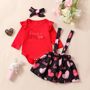  Baby Girl Velykų apranga 3Vnt komplektas Ruffle Romper kombinezonai ir petnešos sijonas Galvos juosta Naujagimių drabužiai