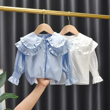  Baby Girls Palaidinės Kids Medvilniniai marškiniai 2023 Pavasario rudens lėlės apykaklės viršūnės Nuo 1 iki 6 m. Vaikų korėjietiško stiliaus drabužiai Vientisos spalvos