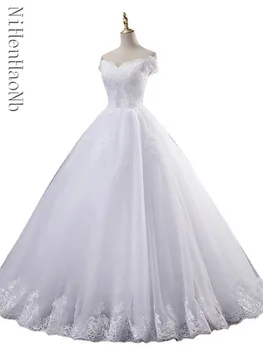  Ball Gown Vestuvinė suknelė Nėrinių aplikacija nuo pečių Nuotakos suknelė plius dydis Suvarstomi vestuviniai chalatai Vedybinės suknelės