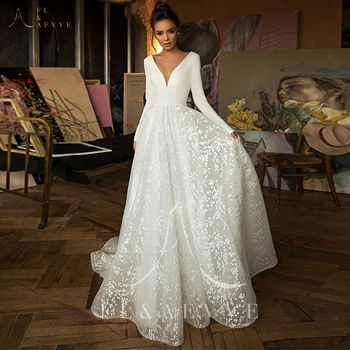  Balta nėriniuota vestuvinė suknelė V kaklo nuotakos Vestuvinės suknelės moteriai ilgomis rankovėmis Elegantiškos vakarėlio suknelės moterims 2024 Nuotakos moterys