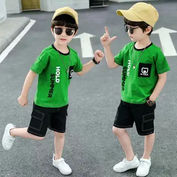  Berniukų drabužių rinkiniai Vasaros medvilnės vaikai Berniukai Spausdinimo kostiumas 4-12 metų vaikams Marškinių trumpomis rankovėmis