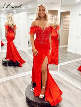 Bowith Red Off Shoulder vakarinės vakarėlio suknelės su plunksna Prabangi suknelė iškilmingam vakarėliui 2023 m. Undinės vakariniai chalatai moterims