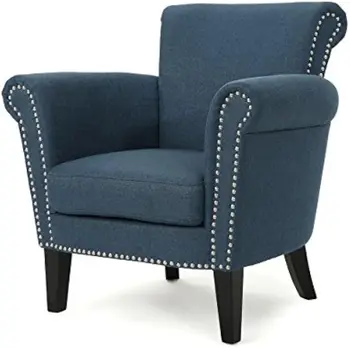  Brice Vintage Scroll Arm Studded Fabric Club Chair, Navy Blue / Dark Brown 31D x 29.5W x 31.5H in
