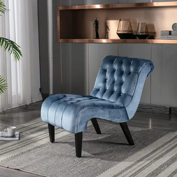  Chaise Lounge Velvet Accent svetainė, Chaise Lounges viengulė sofa, atlošiama kėdė su gumine mediena, šviesiai mėlyna