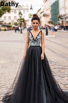  Dathy Black Gothic Decal Nuotakos suknelė V formos kaklo šlavimo traukinys Vestuvinės suknelės moteriai Oficialios progos suknelės