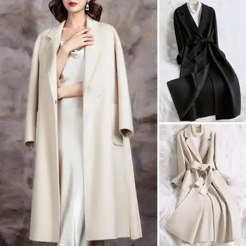  Dvipusis kašmyro paltas Moterys 2023 Naujas smėlio spalvos temperamentas Lieknas pavasarinis vilnonis paltas Moteriška striukė