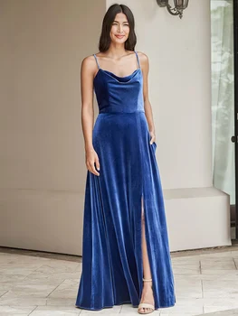  Elegantiška mėlyna Veliūrinė vakarinė suknelė Pamergių suknelė A-Line Vestuvių vakarėlio suknelė Nemokamai pritaikoma 2024