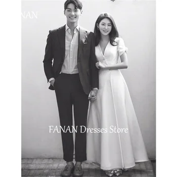  FANAN Korea A-Line V-Neck vestuvinės suknelės trumpomis rankovėmis 웨딩드레스 Ivory Satin Backless Custom Made Bride Gowns Plus Size