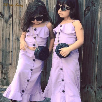  Fashion Baby Girl Clothes Set Button Camisole+Long Sijon 2PCS Baby Toddler Baby Cotton Tshirt Suit Summer Baby Clothes 2-8Y