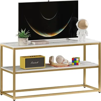  Funkcija Namų televizoriaus stovas televizoriams iki 50 colių, 3 pakopų pramogų centras, moderni televizoriaus spintelė su marmuro viršuje ir aukso metalo pagrindu