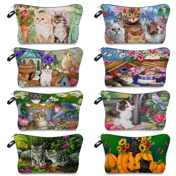  Garden Cat Printed Ladies Cosmetic Bag Cute Animal Foldable Moteriškų tualeto reikmenų rinkinys Kelionių organizatorius Lauko nešiojami makiažo krepšiai