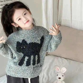  Girls Looped Plush Cartoon Sweater 2023 Autumn Winter New Baby Kids Tingus And Comfortable Knitted Sweater Fashion Children's Top