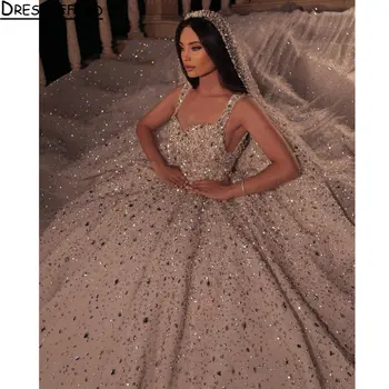  Glitter Diamonds Crystal Open Back Dubai Princess Wedding Dress Ball Gown Sweetheart Beading Sequined Saudi Arabian Bridal Gown