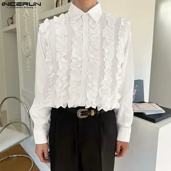  INCERUN Tops 2023 Korėjietiško stiliaus vyrų mada Solidus visų rungtynių karšto pardavimo marškinių rūmų stilius Raukta nėriniuota palaidinė ilgomis rankovėmis S-5XL