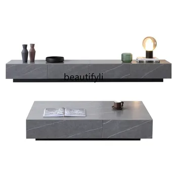  Itališka minimalistinė akmens plokštelė TV spintelė ir arbatos stalas Derinys Svetainė Mažas butas Šviesus prabangus grindys TV stovas