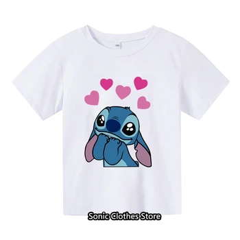  Kawaii Kids Lilo Stitch Marškinėliai Moterys Vasaros topai Animacinis filmas Dygsnis Širdis Grafiniai trišakiai Mielos mergaitės Anime marškinėliai Moteriški berniukai Tshirt
