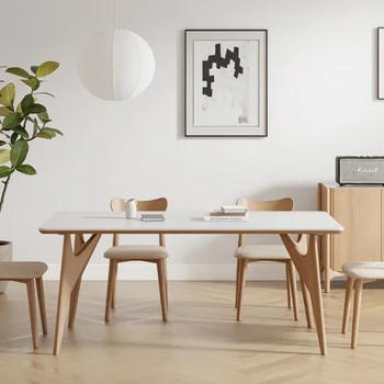  Kreminio stiliaus medžio masyvo valgomojo stalas, minimalistinis mažas vienetas, paukščio formos, natūralaus medžio spalvos, balto vaško medžio stačiakampio formos