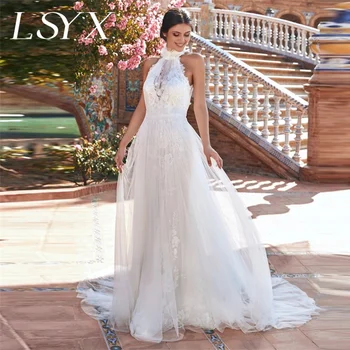  LSYX Elegant Halter Tiulio aplikacijos Tiulio vestuvinė suknelė Open Back A-Line Court Train Nuotakos suknelė pagal užsakymą