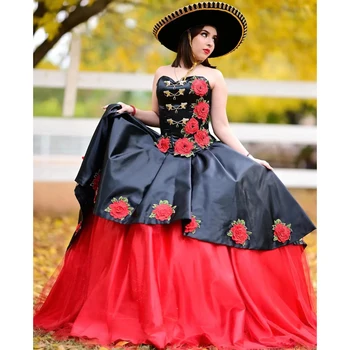  Luxury Black Quinceanera Suknelės Ball Gown For Sweet 16 Gowns Sweetheart Flowers Appliques Prom Party Dress Vestidos De 15 Años