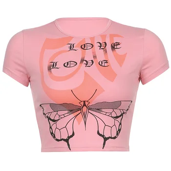  Mados abstraktus drugelio raštas o kaklas plonas megztinis rožiniai marškinėliai trumpomis rankovėmis
