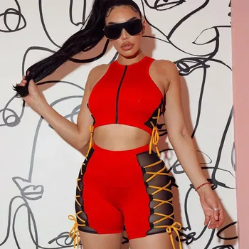  Mesh Patchwork Lace-Up Two Piece Set for Women Clothing Sets Handless Tank Crop Top ir Shorts Party Club Holiday Apranga