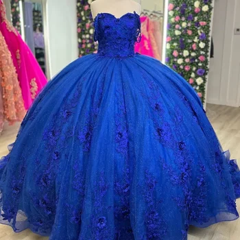  Mexico Royal Blue Off The Shoulder Ball Gown Quinceanera Dress For Girl Beaded 3DFlowers Birthday Party Gowns Prom Formal Dress