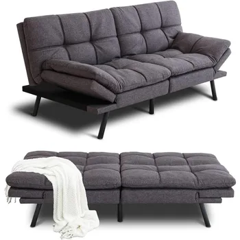  miegamoji sofa su reguliuojamais porankiais ir metalinėmis kojomis, daugiafunkciniai futonų komplektai, pilka sofa