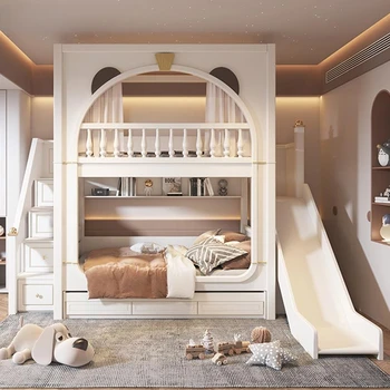  Miela balta princesė mergaitė Vaikų lova Didelė daiktadėžė Medžio masyvo vaikų lovos Modernus dviaukštis apšviestas Enfant miegamojo baldai WZ