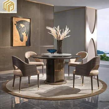  Modernus itališko stiliaus lengvas prabangus paprastas medžio masyvo restoranas marmurinis apvalus stalas kėdė restorano stalas