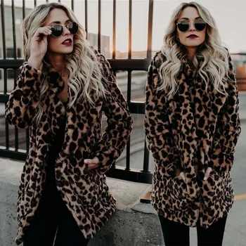  Moteriška žieminė leopardo striukė elegantiška ilgomis rankovėmis šilta stora striukė Parka dirbtinio kailio moteriško palto drabužiai