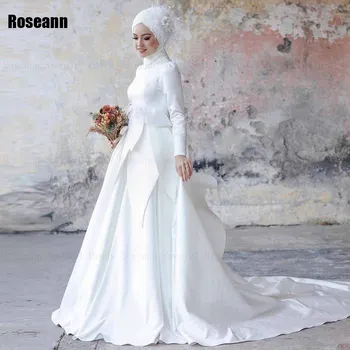  Muslim 2024 Aukštos apykaklės A linijos vestuvinės suknelės juostelės mygtukas Rankų darbo gėlių šepetys Traukinys Grindų ilgis Nuotakos suknelė chalatas de mariée