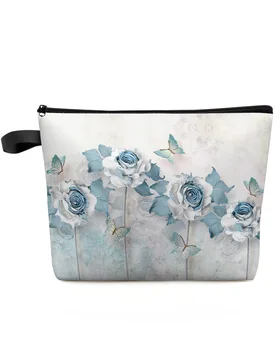  Mėlynos gėlės Drugeliai Gėlės Kosmetikos krepšys Sankaba Pamergė Lauke Kelionės Grožis Makiažo krepšys Vakarėlis Lūpų dažų krepšys