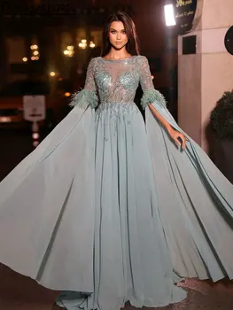  Mėtų žalios iliuzijos juostelės Plunksnos Dubajaus vakarinės suknelės A-Line blizgučiai karoliukais Šifonas Saudo Arabijos arabų oficiali vakarėlio suknelė