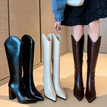 Nauja 2024 m. Žiema PU Odiniai ilgi batai Moterys Mada V-port Smailus kojų kelias Aukšti batai Ponios Seksualūs stambūs aukštakulniai bateliai Botas