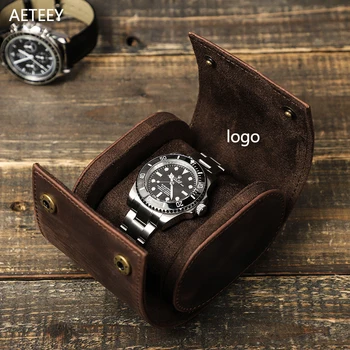  Naujas laikrodžio dėklas Vienas pašėlęs arklių aliejumi padengtas odinis kelioninis nuimamas patogus laikrodžio laikymo dėklas Ritininis dėklas nemokamas pasirinktinis logotipas