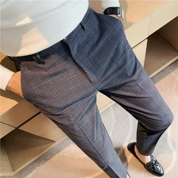  Naujos vyriškos suknelės kelnės pledas verslas Casual Slim Fit kulkšnies ilgis Pantalon Classic Vintage Check Suit Kelnės Vestuvės 28-38