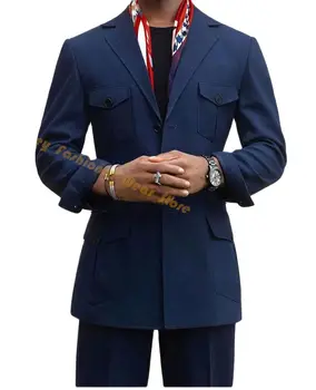  Navy Blue Vyriškas prabangus dizainerio kostiumas Blazer kelnės Paltas Dėvėti didelę kišenę Vasaros drabužiai Pritaikyta Safari striukė 2vnt Coat Kelnės
