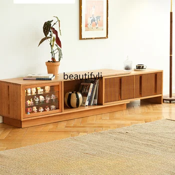 Nordic Solid Wood TV spintelė Mažas butas Svetainės grindų derinys Modernūs minimalistiniai ištraukiami šoniniai spintelių baldai
