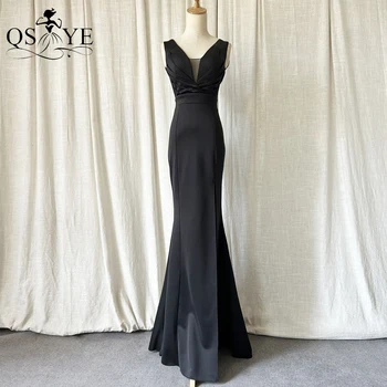  Paprastos juodos vakarinės suknelės Deep V kaklas Ruched Elastic Satin Formal Party Gown Sexy Open Split Backless Mermaid Prom suknelė 2023